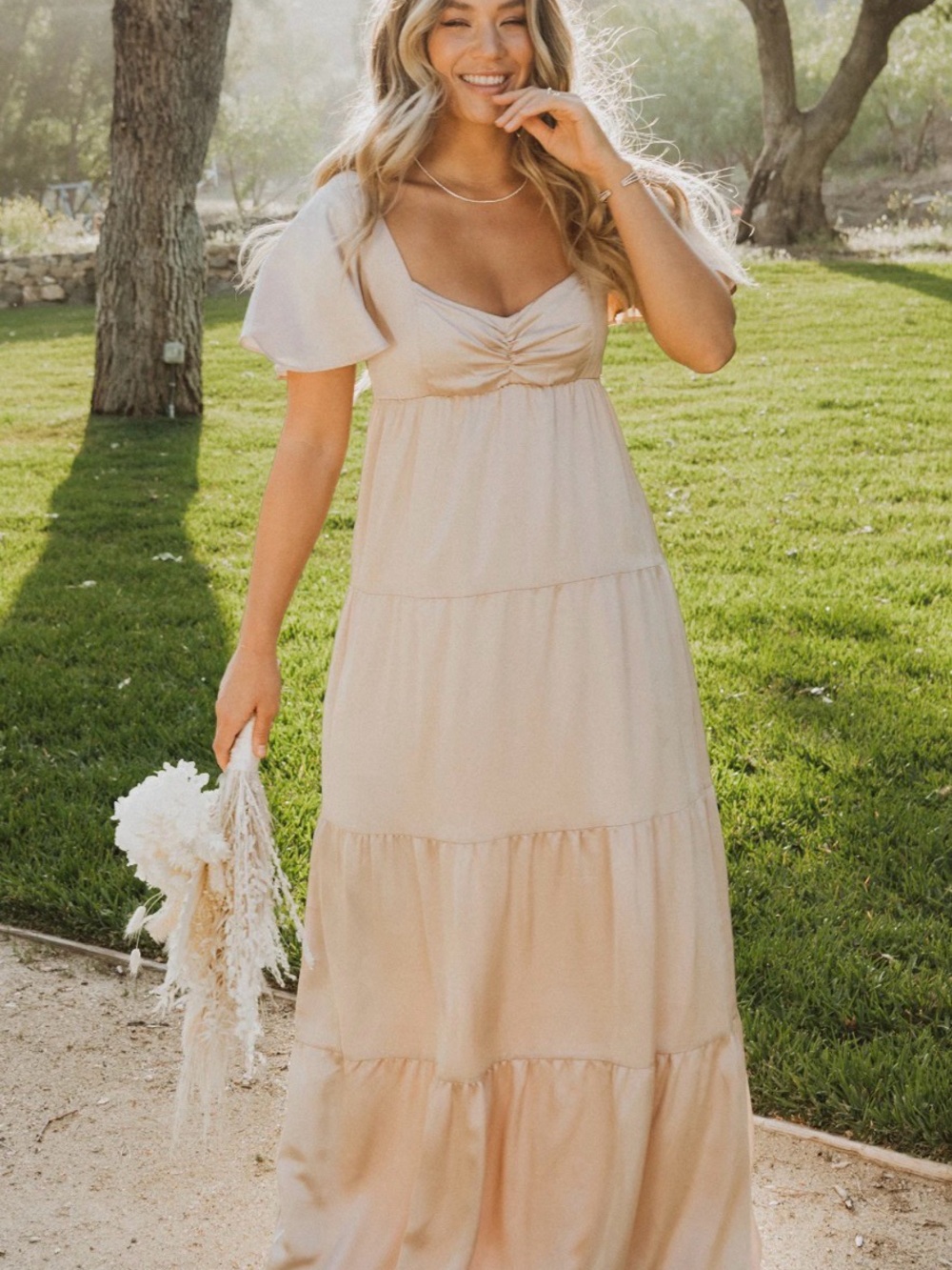 Elegant Champagne Satin Show Me Your Mumu Maxi Dress